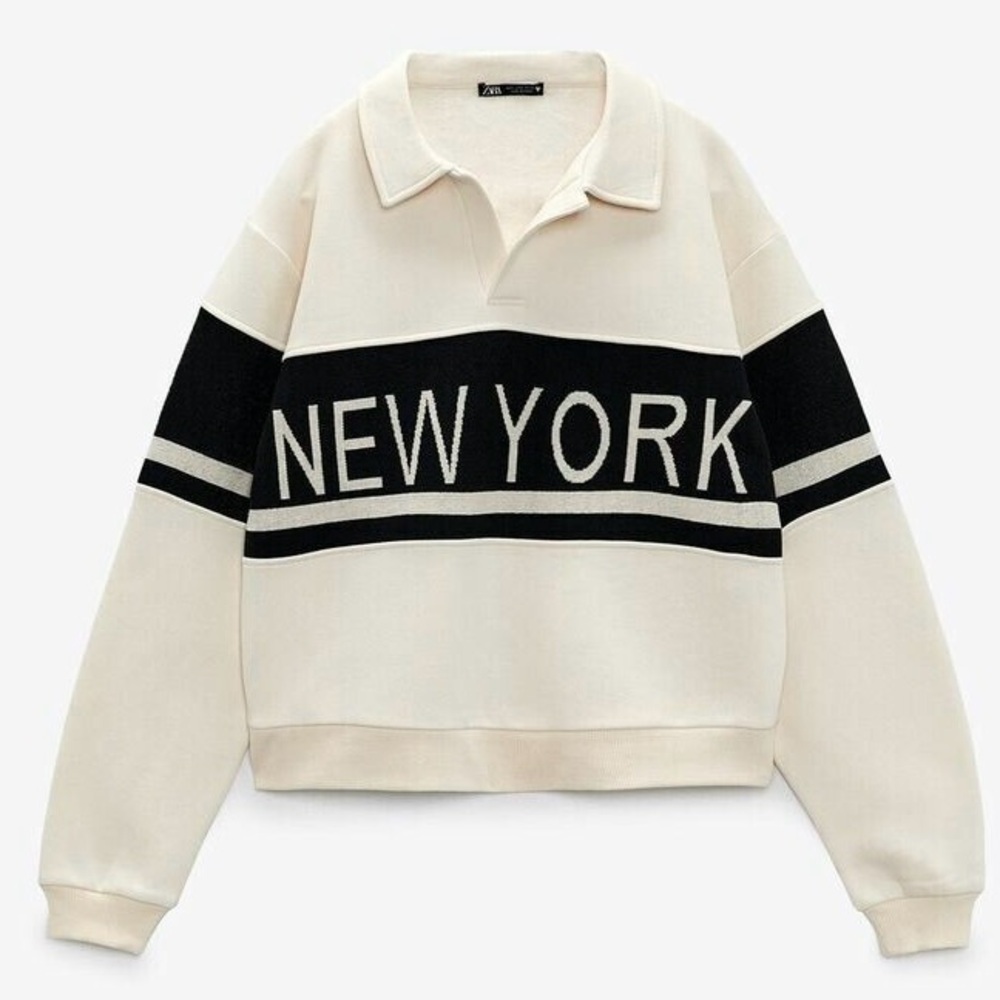 Zara New York Graphic Varsity Polo Sweatshirt